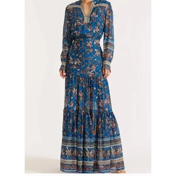 Veronica Beard Sama Silk Maxi Dress 4 Paisley Floral Blue Boho Romantic Western - Picture 9 of 11
